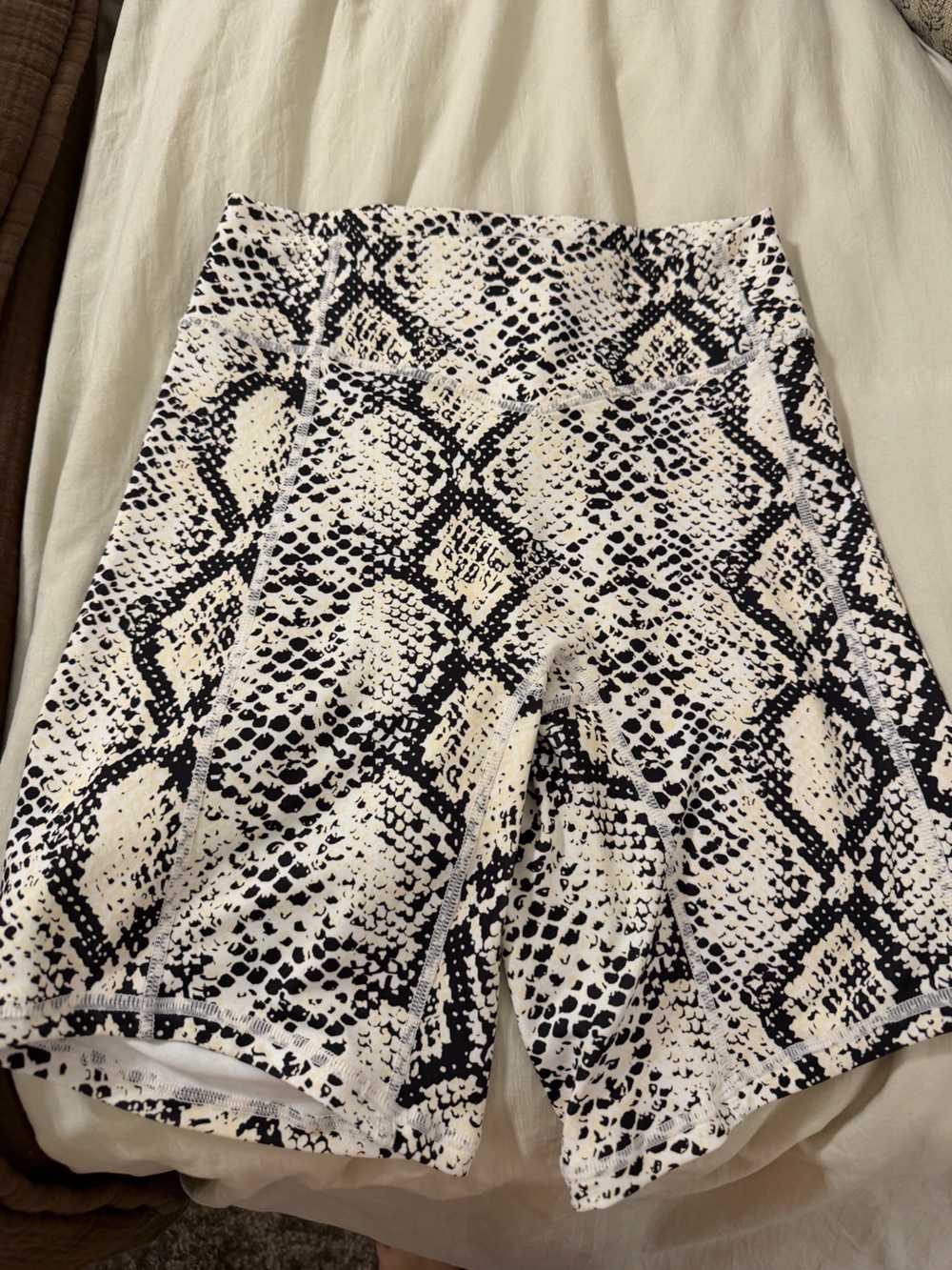 Balance Athletica Snake-Print Bike Shorts in Cream and Black